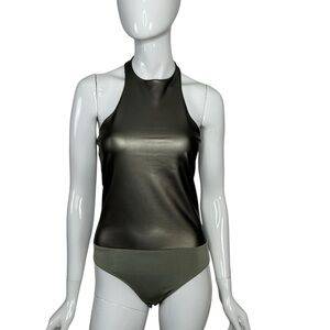 Express Body Contour Bodysuit Small Pewter Metallic Sleeveless Halter Thong